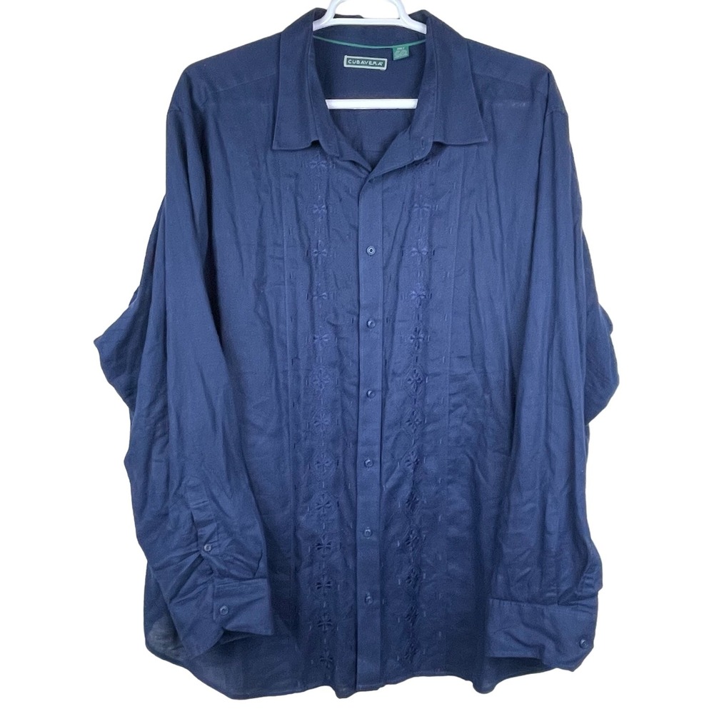 Cubavera Men's Shirt 3XLT Blue Plaid Linen Blend Embroidered Button-Up B&T Fit